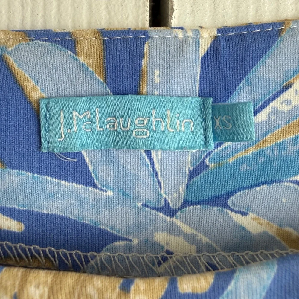 J.McLaughlin Palm‎ Leaf Top XS Blue Tan Preppy Coastal Resort Boatneck